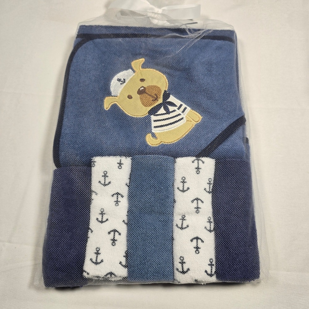 Nautical Navy baby Hooded Towel and Washcloth Set Blue Sailor Puppy Dog 4 Piece